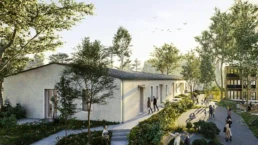 Visualisierung der Hofschreinerei Wallerstein mit modernen Mietwohnungen, begrüntem Innenhof und historischer Architektur.